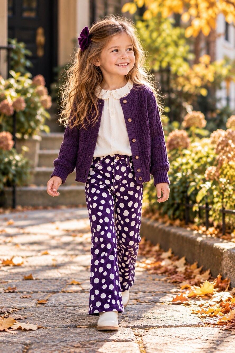 Mini Boden Girls Purple Polka Dot Corduroy Bootcut Pants Size 5Y Kidcore
